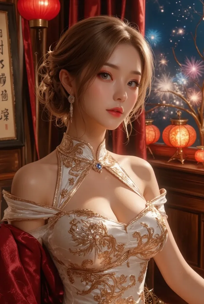 Cat ears、 face up, attractive, pretty girl, ponytail、few beautiful lady hair decorations, (( fine facial features , eroticism)), dramatic lighting , realistic , 8k, Dramatic Shadows , intricate and elaborate patterns , super detailed photo , chiaroscuro li...