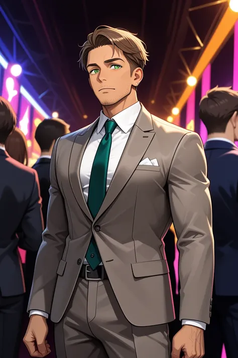 A fairly muscular middle aged man with ear length brown hair, stubble, green eyes, and light brown skin. Wearing a suit and standing off to the side in a nightclub