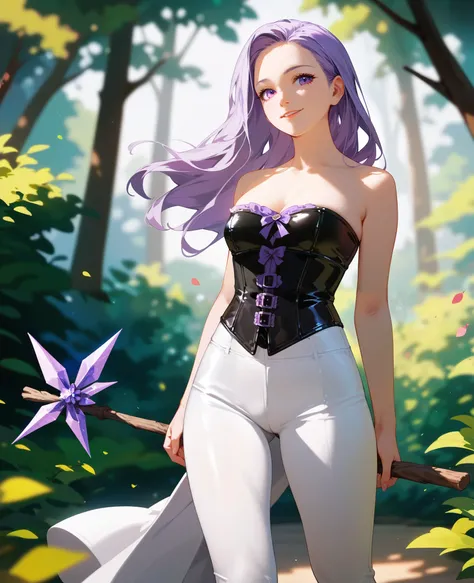 high quality,masterpiece,detailed depiction,detailed face,detailed eyes,cowboy shot standing in a natural position,Alone,One Girl, light purple hair with hair tips,long hair,purple eyes,tube top black corset,white pants that show you,Hold a walking stick, ...
