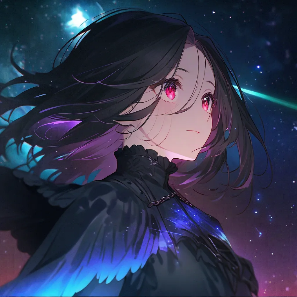 Anime man Pakistan whose body is completely black, only her eyes glow with white effects, and a Falling stars background with lots of gradient neon effects and a fluttering black chain, in addition, she sees from afar, and her hair flutters in 4k when chan...