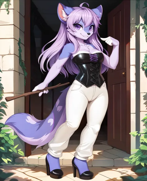 high quality,masterpiece,detailed depiction,detailed face,detailed eyes,cowboy shot standing in a natural position,Alone,One Girl, light purple hair with hair tips,long hair,purple eyes,tube top black corset,white pants that show you,Hold a walking stick, ...