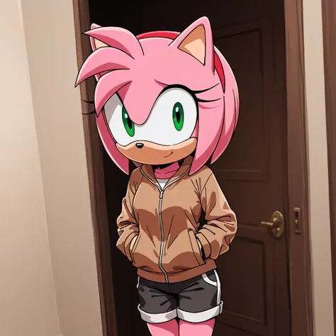 a person standing in a room with a large brown jacket on wearing only underwear, solo, 1girl, shorts,amy rose, furry female, pink fur, short hair, green eyes, pink hair