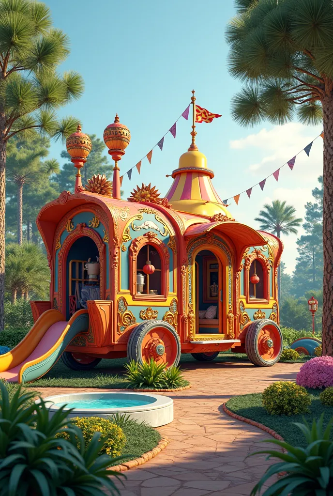 Create a picture of a carnival wagon with the theme wellness resort. There should be a sauna and a slide