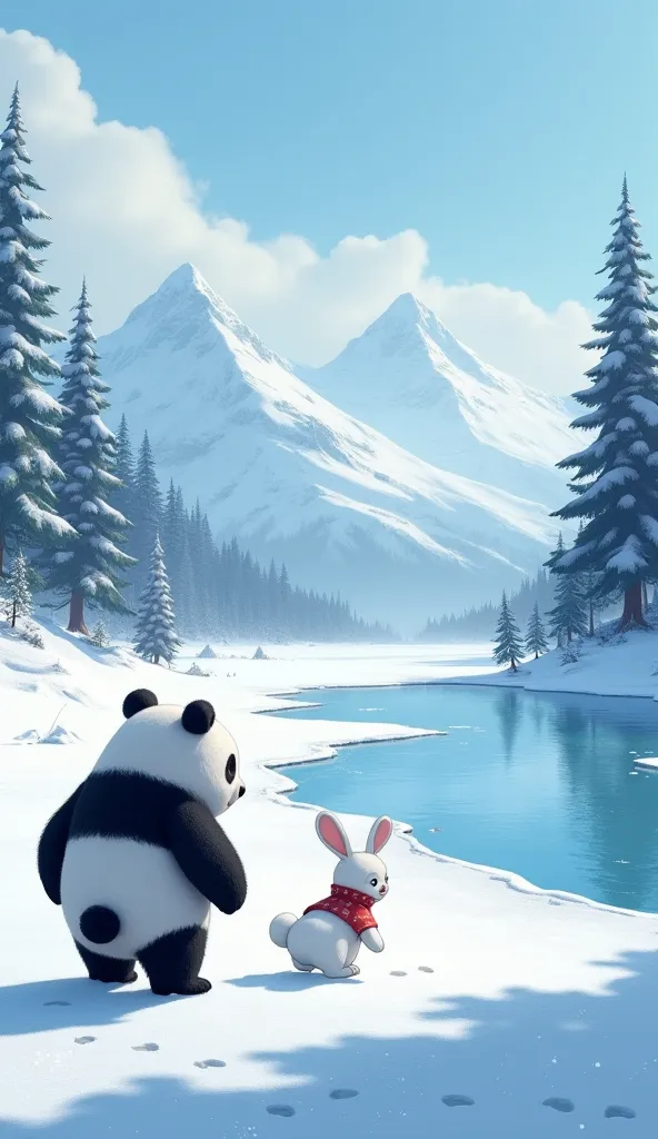 🌨️ Background: A vast frozen lake stretches across the mountain valley. Snowflakes swirl in the crisp air, and towering pine trees dusted with white stand tall. Tiny paw prints mark the icy ground.

🐼 Bao (Panda): Big, fluffy, with thick black-and-white fu...