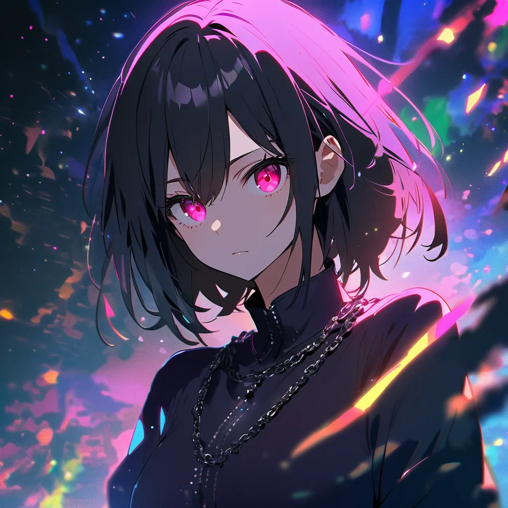 Anime man arm Pakistan whose body is completely black, only her eyes glow with white effects, and a Falling stars background with lots of gradient neon effects and a fluttering black chain, in addition, she sees from afar, and her hair flutters in 4k when ...