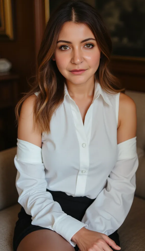 Close up face image of a woman in a formal white shirt attire. Sleeveless. Sitting. Legs folded. Thighs visible. Background blurred. She is wearing stockings.