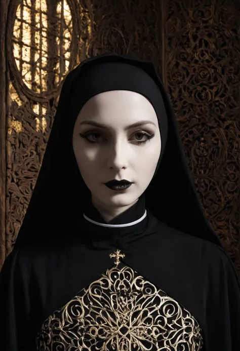 A close-up surreal portrait of a gothic nun, dressed in an ornate black and white habit, standing solemnly in a dark, shadowy environment. Her body posture is perfectly still, her hands are behind her back and her head is a hollow, featureless piece of car...