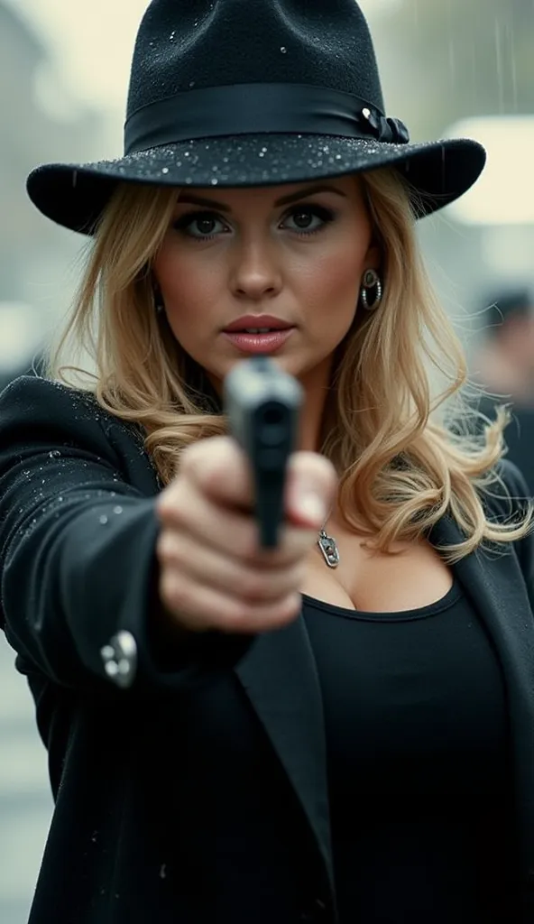 1 woman over 30 ,woman holding a black gun with her outstretched arms (Beretta M9), aiming at the viewer,celebrity singer Anna Semenovich, blond long wavy hair,wears a black hat, black fitted long coat, It's raining heavily , behind her back women's gang, ...