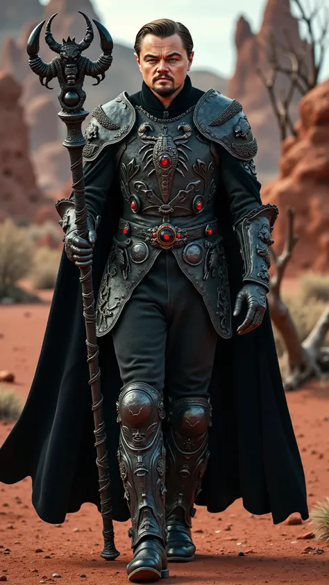 Leonardo DiCaprio reimagined as a majestic human-Scorpio hybrid walking and holding a black scepter, dramatic atmosphere, 1 male、
short, neatly styled light brown hair, piercing blue-green eyes, and sharp facial features. Small, dark scorpion-like patter...