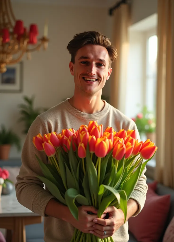 A young man with a face and approximate physique as on the photo, holding a large bouquet of bright tulips in his hand. He stands in a beautiful setting - a cozy interior with soft lighting, stylish furniture, warm colors. The atmosphere of spring is all a...