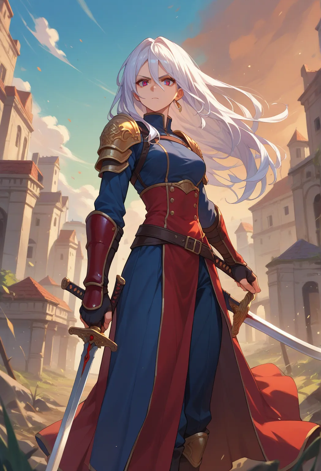 A beautiful anime-style woman with long white hair and heterochromatic eyes—her right eye blue and left eye red—confidently walking through a battlefield, wielding a sword.