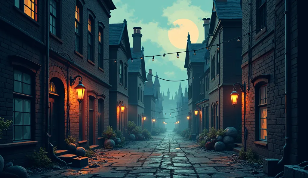 Create a seamless tileable pixel art background for a 2D dark fantasy platformer game, depicting a grimy, oppressive Victorian-era alleyway with gothic architecture. The image should loop horizontally, with elements on the right edge mirroring the left edg...