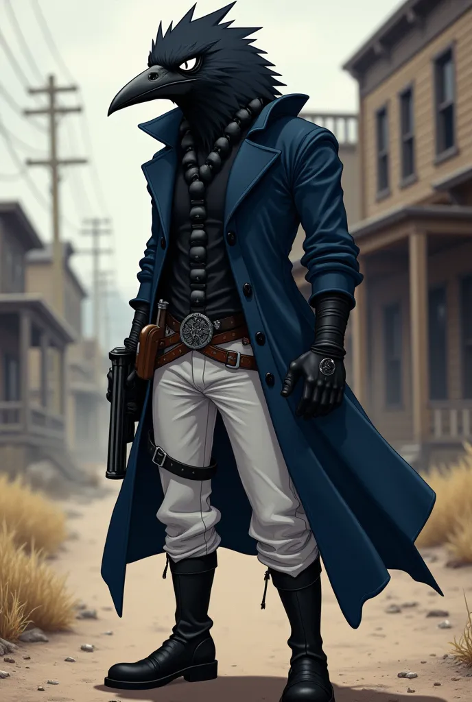 Anime style black crow with white eyes and a black iris scar on the right eye wears a dark blue coat and white pants, black boots and a pistol around his waist, wild west bottom without frills.