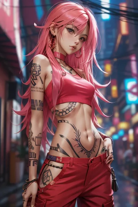 best quality, cyber sttyle ,  1girl , Alone, long and messy pink hair, tribal tattoo, BAGGY RED PANTS, blurred background,