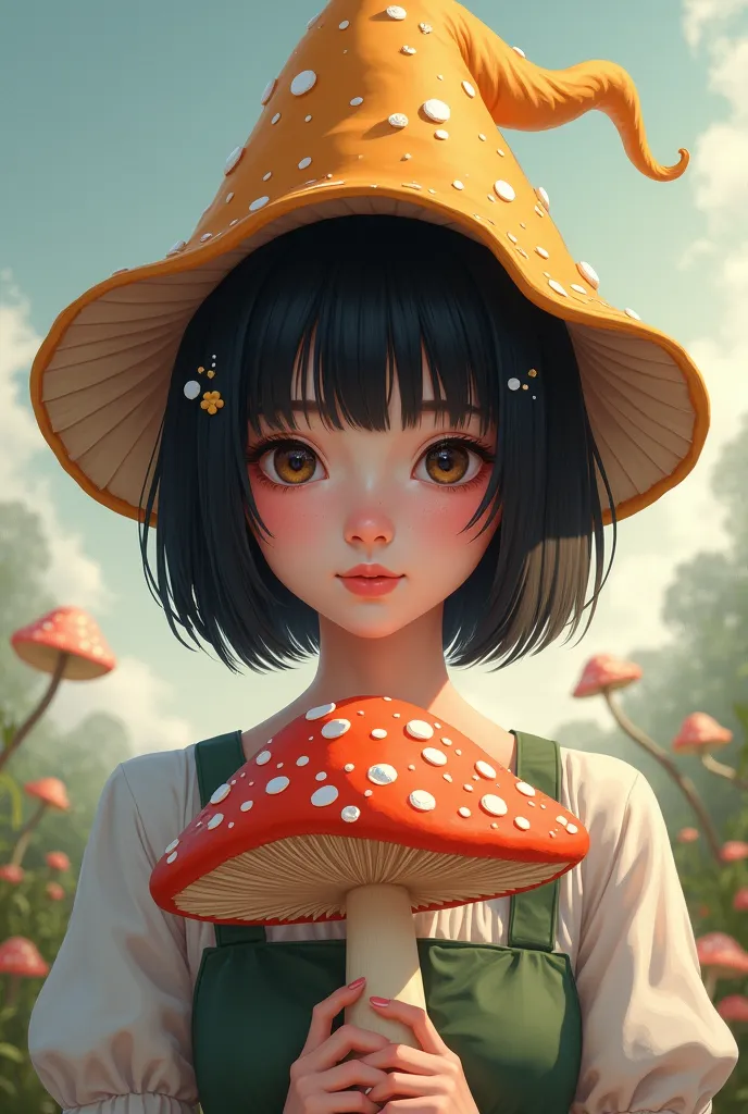 Create an image for a profile picture of a woman with straight black hair short at shoulder length, with a gnome hat holding a mushroom