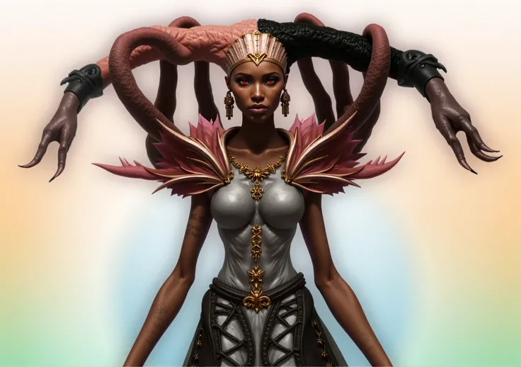 Ethereal and powerful vampire, unique deformities, regal black skin tone, striking African features, mysterious aura, gothic elegance, intricate vampire attire, haunting red eyes, sharp fangs, dark and alluring, digital art, detailed and realistic, dramati...