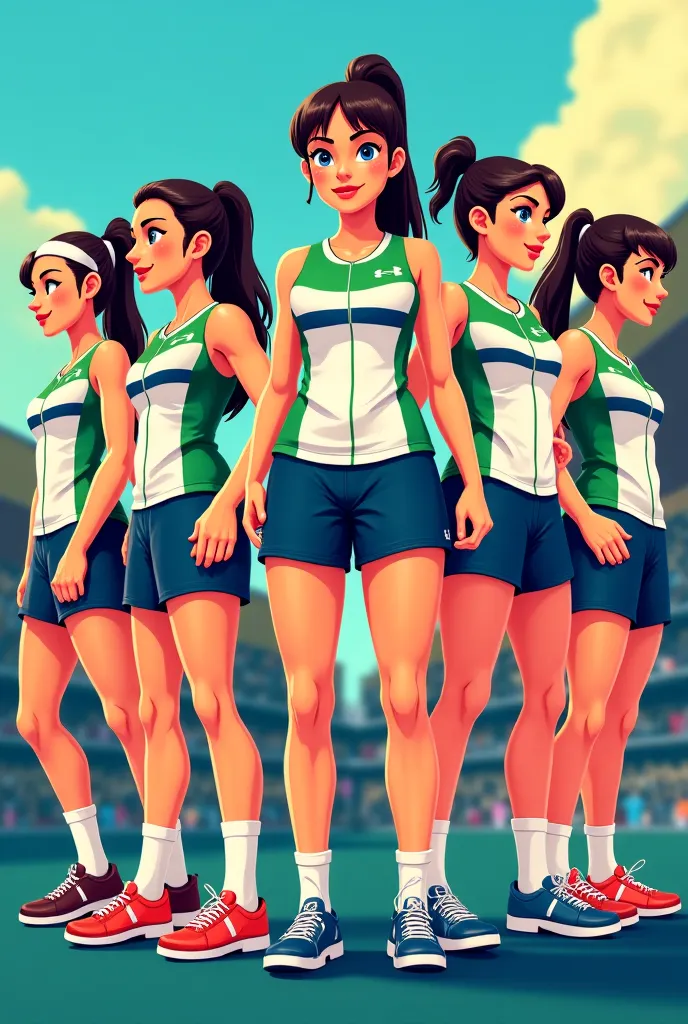 Create a women's team in a white suit with three horizontal lines, the first green line, the second white line and the third blue line, to be a team of 11 cartoon players. 