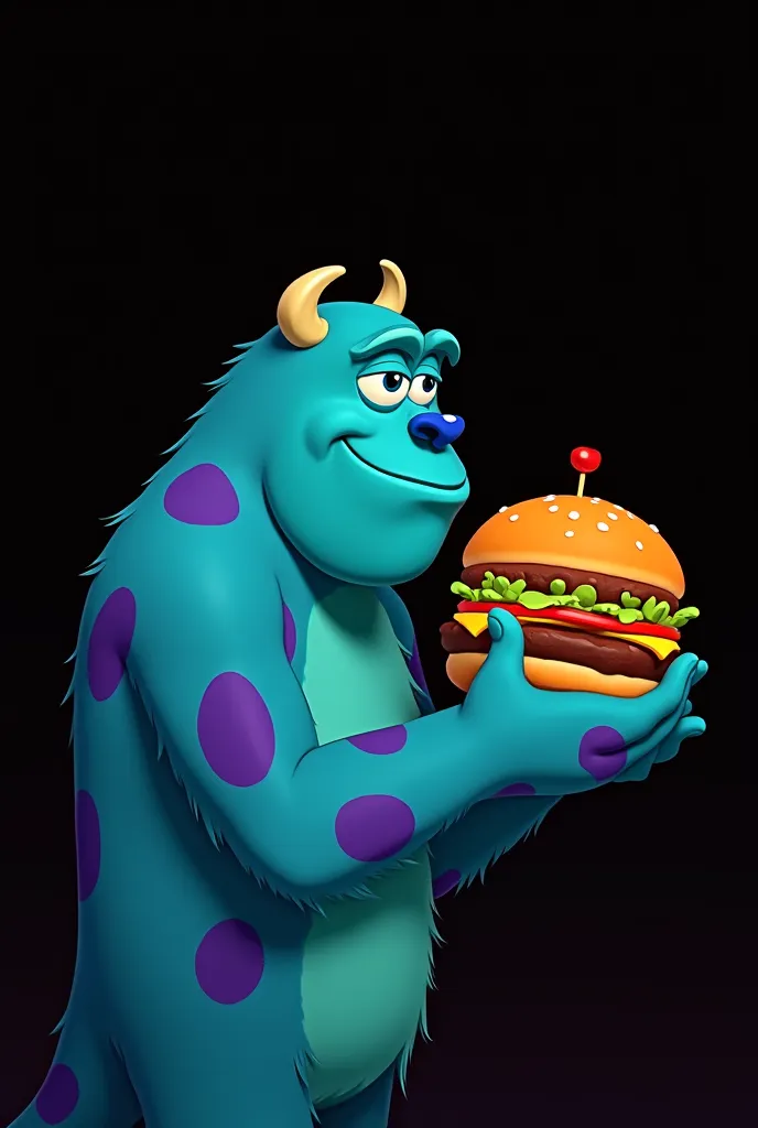 Sullivan silhouette from Monster Inc. Color Orange  2d Eating a hamburger Big Black  background looking to the right 