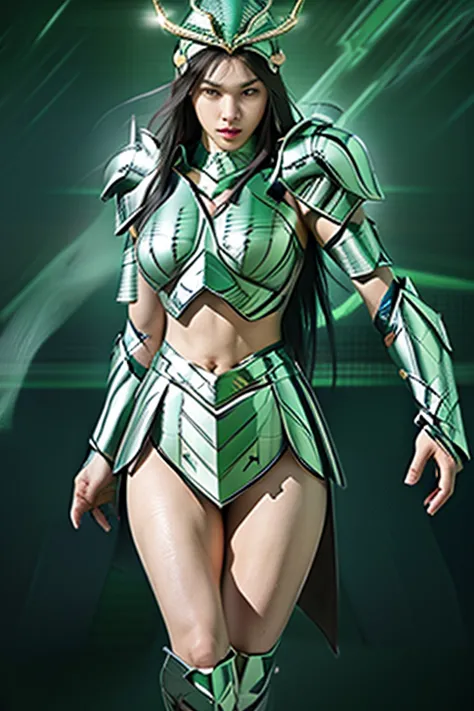 masterpiece, best quality, 超high resolution, Practical skin texture, armature, (Practical:1.4), high resolution, RAW photos, Glowing skin, Practical skin texture,  Dynamic poses, A girl,((Large Breasts:1.3)),Balanced Eyes, Wears green and silver armor, , W...