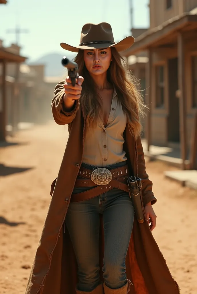 In the heart of the dusty frontier town, the female gunslinger pointing her Colt at camera, a figure of rugged confidence and untamed spirit. Clad in a very long, weather-beaten duster that billowed slightly in the arid breeze, the fabric whispered tales o...