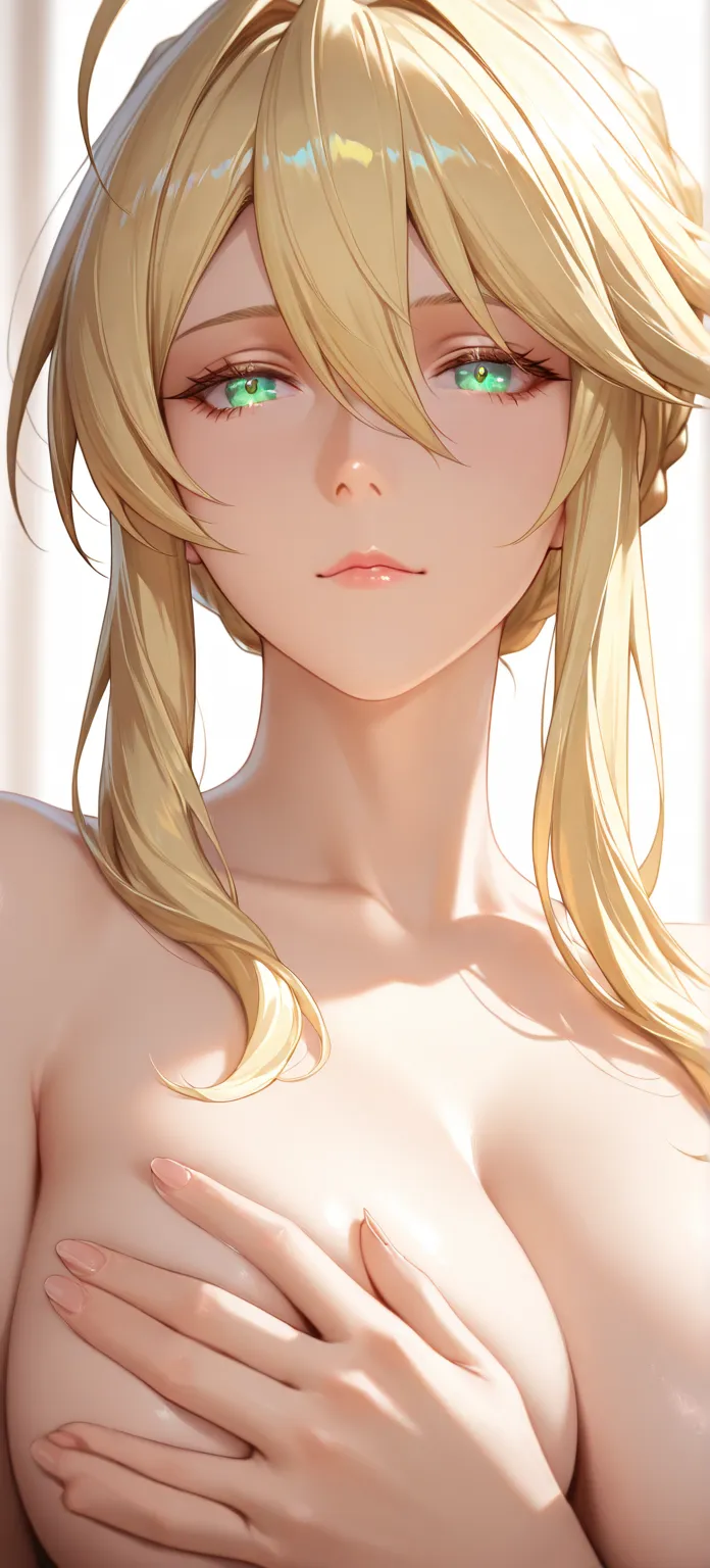 Masterpiece, very aesthetic, vibrant, high contrast, high resolution, ultra detailed, elegant mature woman, artoria Pendragon (lancer), housewife, milf, topless, hand covering breasts, soft light, best quality, newest, honkai: star rail cg style, portrait,...