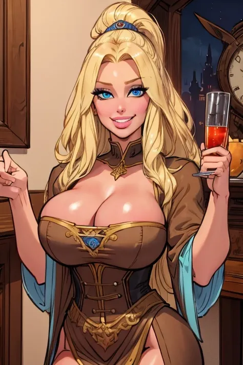 (masterpiece, best quality:1.2) thepit, 1girl, solo, Jenny Summers, medieval times, blonde, long hair, big , cleavage, blue eyes, milf, smile, poor, brown dress