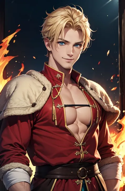 (best quality,4k,masterpiece:1.2), (blonde hair), man, skinny,  no facial hair, shoulder length blonde hair, medieval clothing, blue eyes, fire ball, smiling, happy red clothing scuffy sly mature tough stubble
