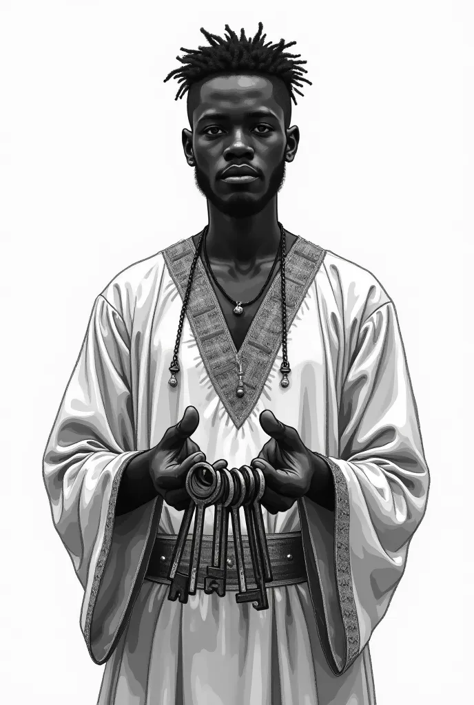 Create an image of a young African man, with Aborijen clothing, with seven old keys,  hand drawing style, in black and white