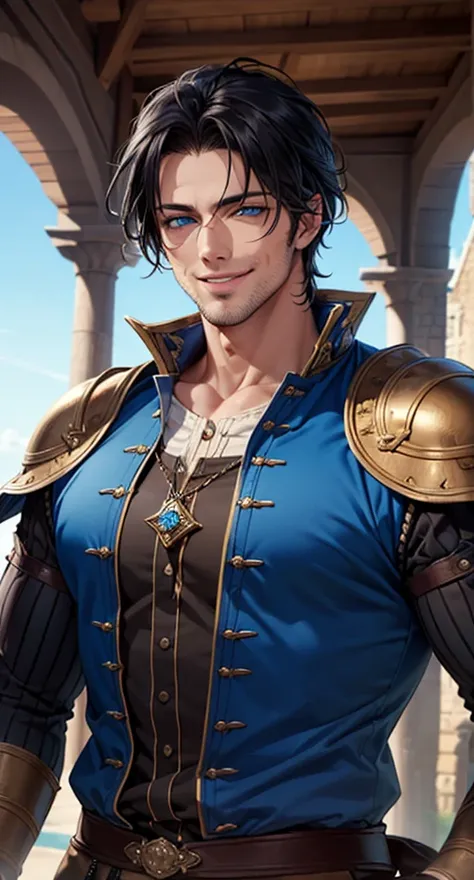 (best quality,4k,masterpiece:1.2),(handsome, man with shoulder length black hair, smiling, blue striped medieval clothing blue eyes blue eyes rugged man strips