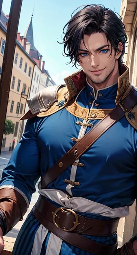 (best quality,4k,masterpiece:1.2),(handsome, man with shoulder length black hair, smiling, blue striped medieval clothing blue eyes blue eyes rugged man strips