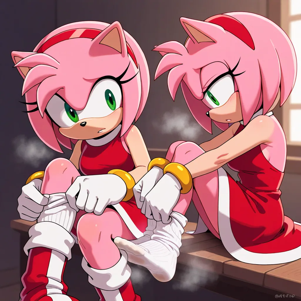 amy rose, furry female, white-trimmed red dress, green eyes, white-yellow gloves, boots, socks,dressing socks, adjusting legwear,steaming socks,smelly socks