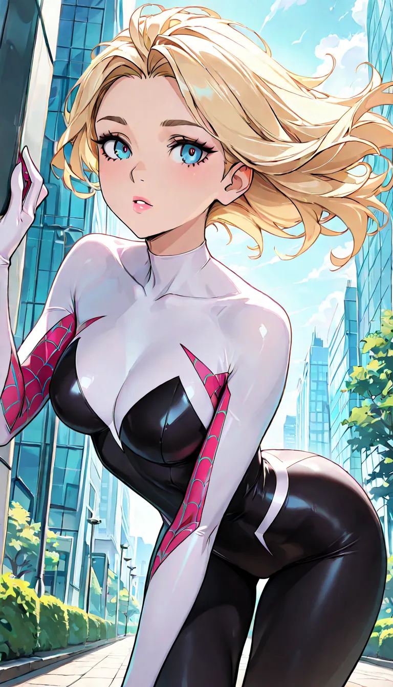 masterpiece, absurdres, amazing quality, best quality, 1girl, Spider Gwen, ((Spider Gwen)), short blonde hair, blue eyes, average breasts, slender, high quality, very aesthetic, solo, park ((Spiderverse))