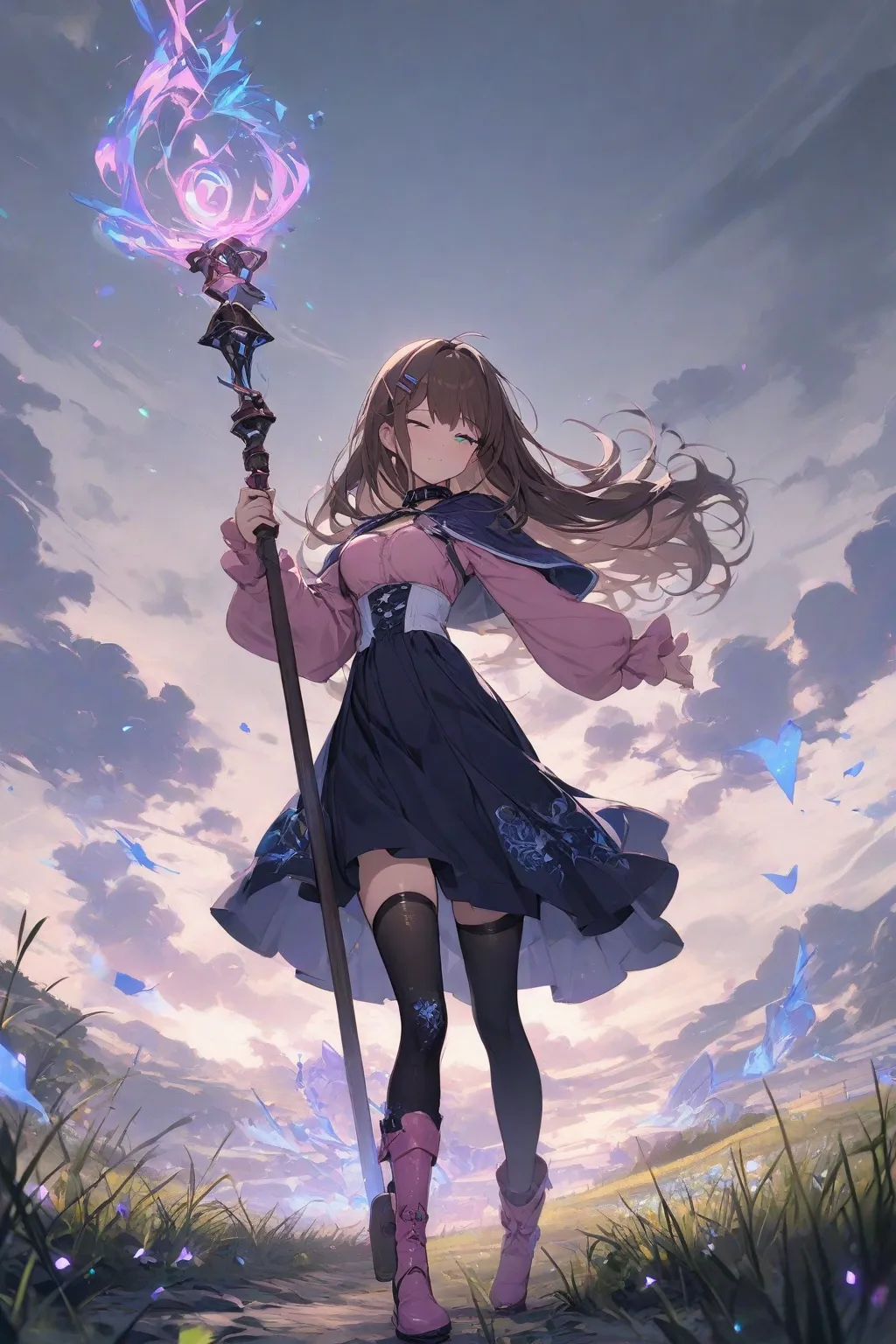 masterpiece, best quality, 1girl, solo, soestd, brown hair, long hair, hairclip, green eyes, collar, purple capelet, pink shirt, long sleeves, white corset, high-waist skirt, dark blue skirt, black thighhighs, print thighhighs, pink boots, holding staff, b...