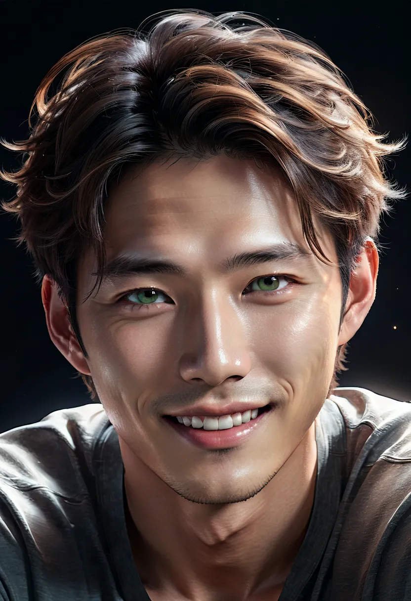 Soft cinematic lighting illuminates a handsome Korean male supermodel that is incredibly detailed and ultra-realistic.,, short and messy light brown hair,  light green eyes, perfect captivating smile , sexy, ,,,  incredibly handsome ,   who is trending on ...