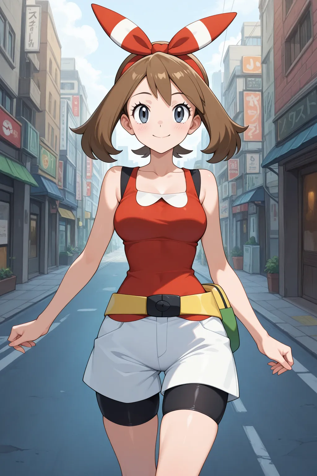 1 girl, solo, sexy waifu, sensual anime girl, mature female, 30-years-old, 

	(May,Pokemon,)
brown hair, short hair, 
grey eyes, 
slim,

(May outfit, pokemon outfit,)
bow hairband, red hairband, 
collarbone, tank top, sleeveless shirt, red shirt, 
white sh...