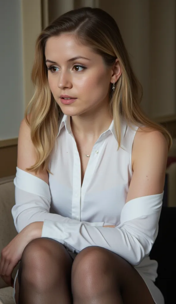 Close up face image of a woman in a formal white shirt attire. Sleeveless. Sitting. Legs folded. Thighs visible. Background blurred. She is wearing stockings.