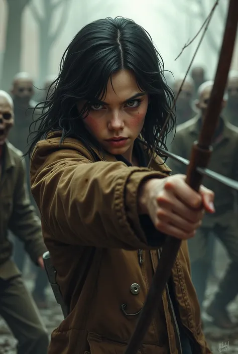 A young white American girl,  with black hair, high, With an angry face , in a brown coat and she holds a bow and arrow and around her there are a lot of zombies