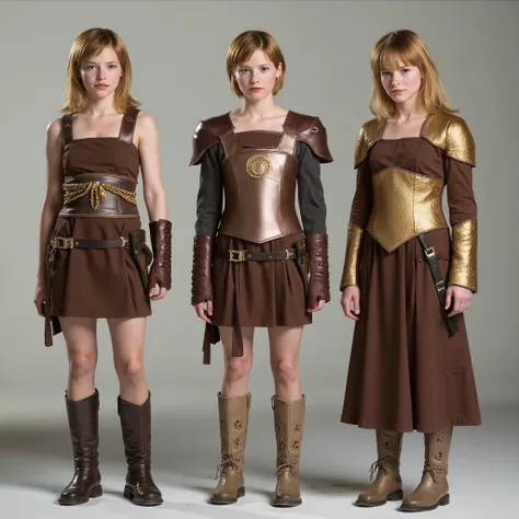 The same young girl is standing exactly full-length in an image in three different outfits, 1 type - robber leather armor, leather brown corset and leather miniskirt, brown heeled boots, shoulder pads, 2 type - bronze knight armor, bronze corset, бронзовые...