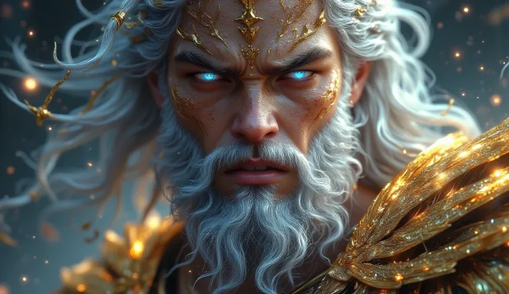  Close-up of Zeus blue eyes white hair and beard with gold armor angry with angry expression 