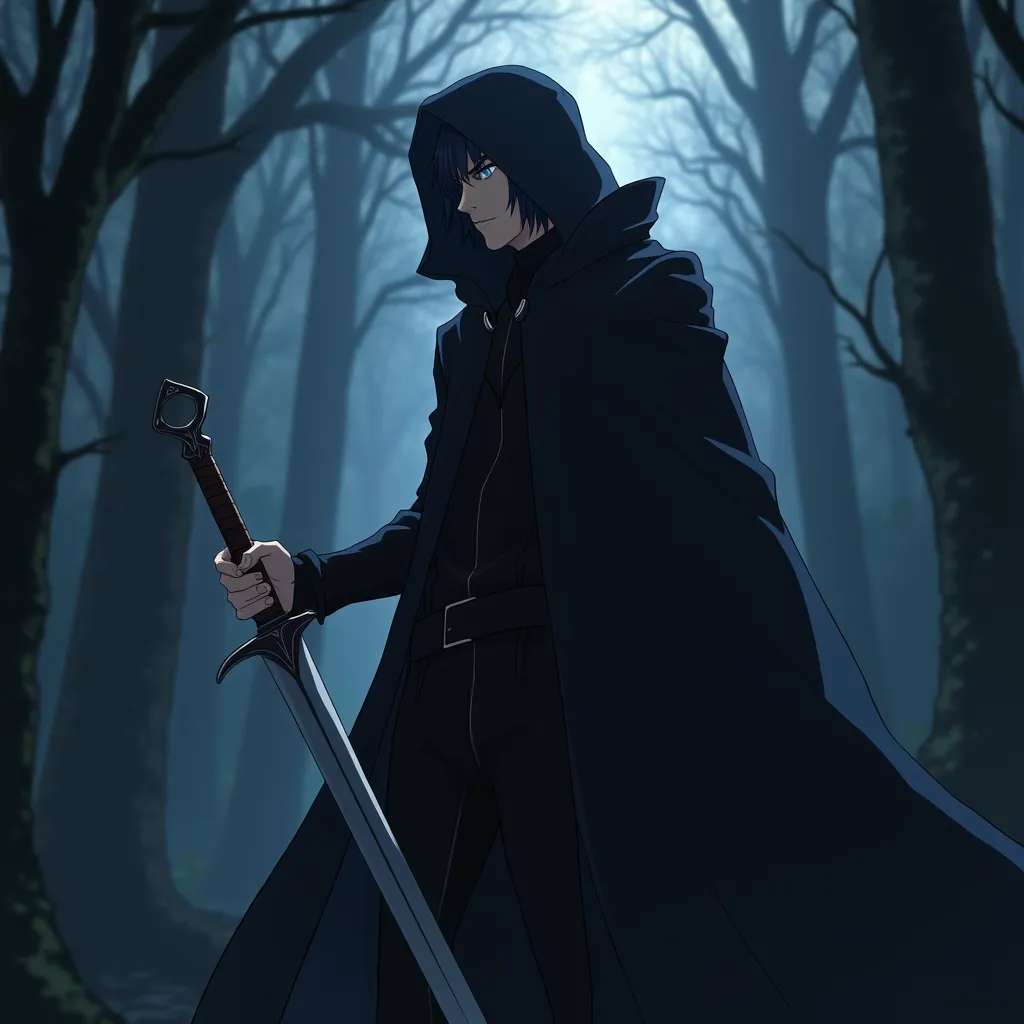 
anime character with cape and hooded dagger in the dark forest, a portrait of a character inspired by Yamagata Hiro, dark covered necromancer, covered,  dark hooded specter , Handsome guy in art from Demon Slayer, tall anime guy with blue eyes, dressed in...