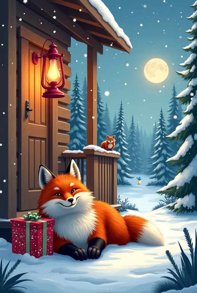 The image is a vibrant, digitally rendered winter scene featuring the cozy porch of a wooden cabin surrounded by snow-covered pine trees. A red lantern hangs on the porch, casting a warm glow. In the foreground, a red fox with thick, fluffy fur and a conte...