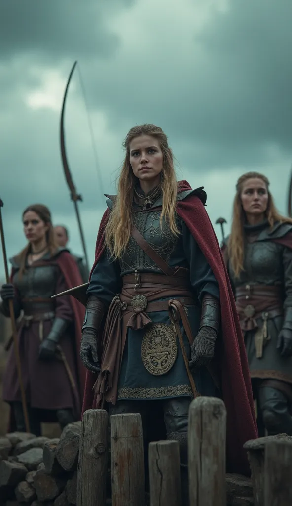 A group of strong Slavic female warriors, standing on the wooden walls of a medieval Rus fortress, armed with bows and spears. They are determined and ready to defend their homeland. The sky is stormy, adding to the dramatic tension. Cinematic, ultra-detai...