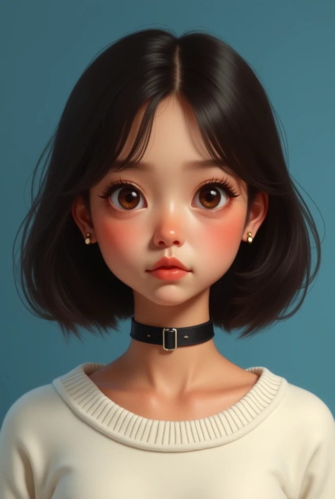 "A realistic portrait of an  girl with a round face, almond-shaped eyes, and medium brown skin. She has shoulder-length dark brown hair and a small beauty mark on her left cheek. She is wearing a white sweater and a black choker necklace. The background is...