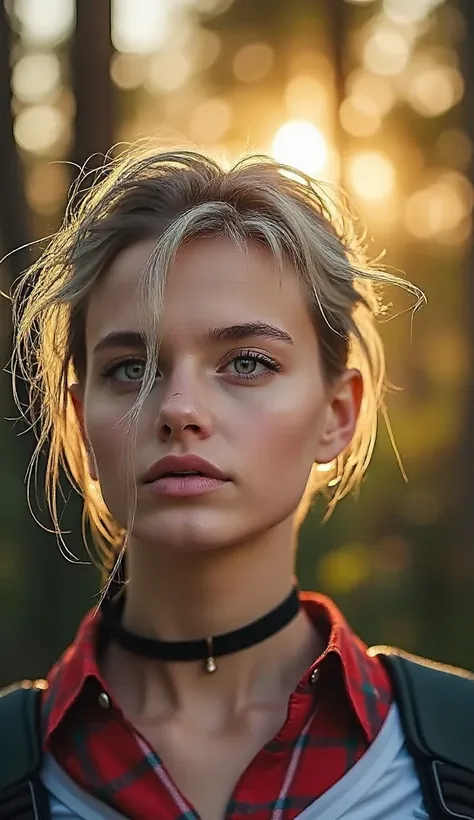 Beautiful 20 year old girl.   side view, full body. white short tousled hair, snub-nosed  зелёные глаза , snub-nosed  . medium-sized breasts,  climbs wet , Sunset, the skin shines the sun's rays. the forest. red checkered shirt,  white shirt,  denim shorts...