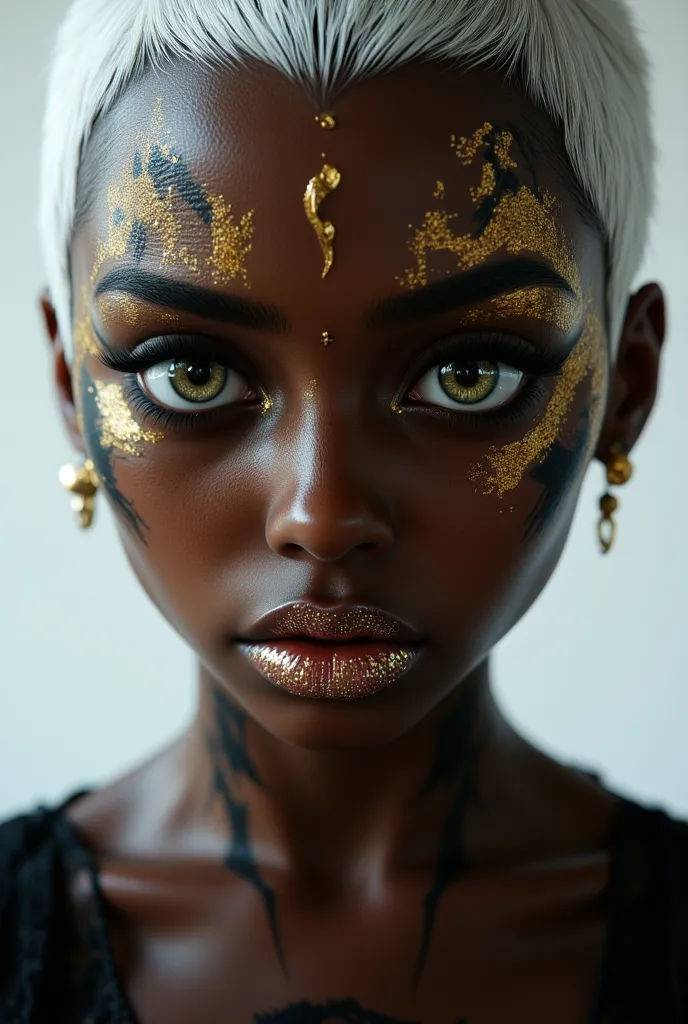 Dark indoor studio, ultra realistic 3D painting, macro, top right corner position, white background, close-up of a black girl, real expressions, absurd, angry frown, stylish gold face paint with black outlines, shiny lip gloss with glitter on mouth, wearin...