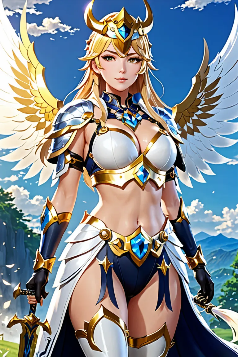 (Master Piece) best quality, Genshin impact style, full view,  beautiful valkyrie, big breasts, standing in valhalla.