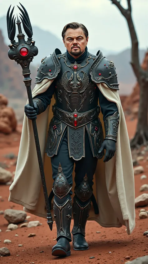 Leonardo DiCaprio reimagined as a majestic human-Scorpio hybrid walking and holding a black scepter, dramatic atmosphere, 1 male、
short, neatly styled light brown hair, piercing blue-green eyes, and sharp facial features. Small, dark scorpion-like patter...