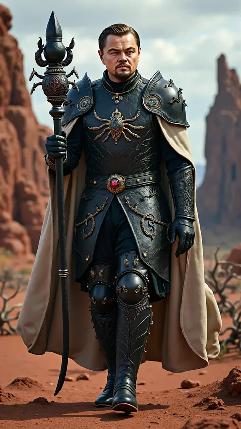 Leonardo DiCaprio reimagined as a majestic human-Scorpio hybrid walking and holding a black scepter, dramatic atmosphere, 1 male、
short, neatly styled light brown hair, piercing blue-green eyes, and sharp facial features. Small, dark scorpion-like patter...
