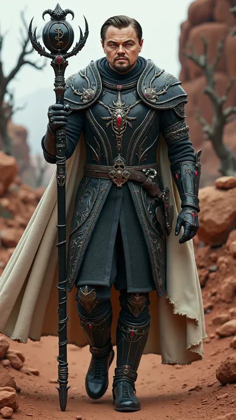 Leonardo DiCaprio reimagined as a majestic human-Scorpio hybrid walking and holding a black scepter, dramatic atmosphere, 1 male、
short, neatly styled light brown hair, piercing blue-green eyes, and sharp facial features. Small, dark scorpion-like patter...
