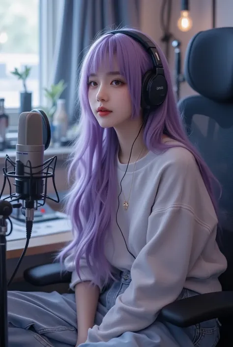 Realistic 3d kpop photo in recording long light purple hair comfy normal day outfit headphones singing sitting down 